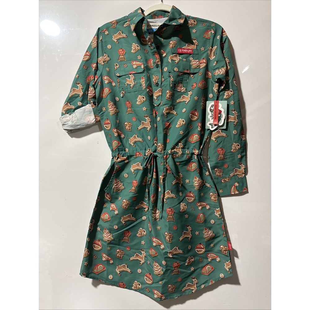 NEW Women's XS Magellan Outdoors Shirt Cookie Dress Green Print Long Sleeve NWT